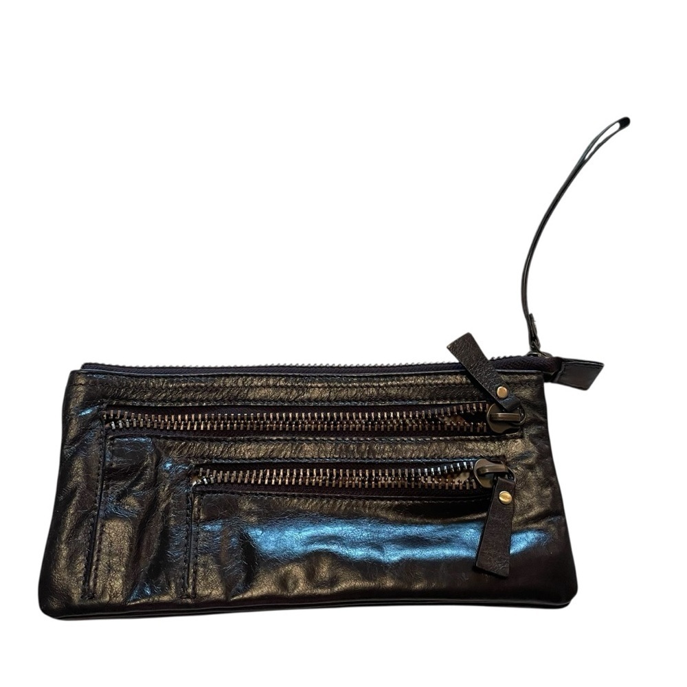 Lattico Leather Wristlet-Dark Brown-Three Zip Compartments-Geometric Fabric